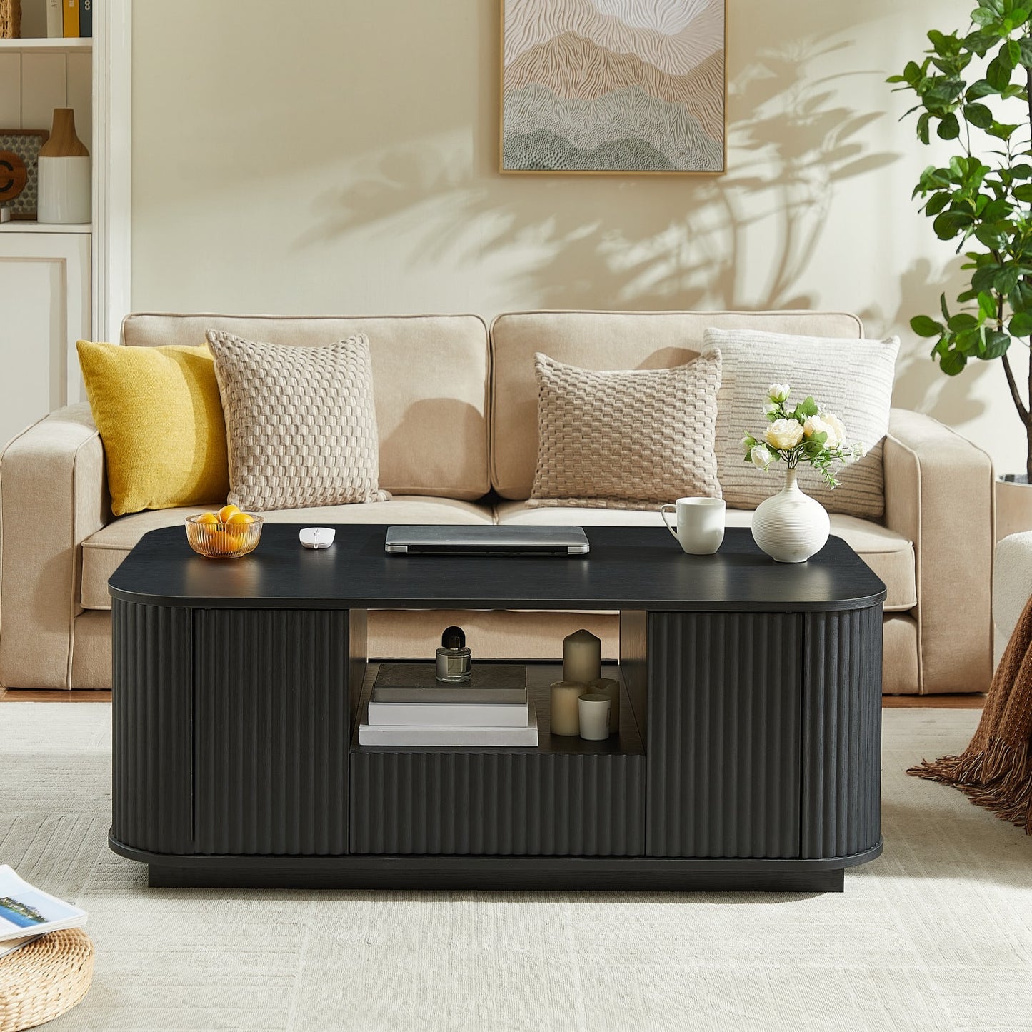 47" Black Wood Oval Block Coffee Table With Storage