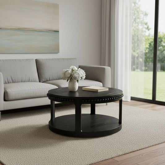 32" Black Wood Floor Shelf Beaded Round Coffee Table