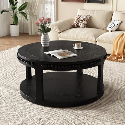 32" Black Wood Floor Shelf Beaded Round Coffee Table