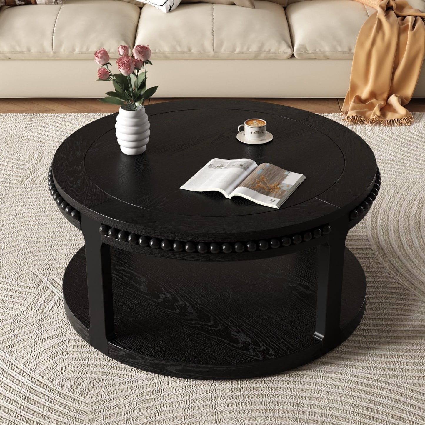 32" Black Wood Floor Shelf Beaded Round Coffee Table