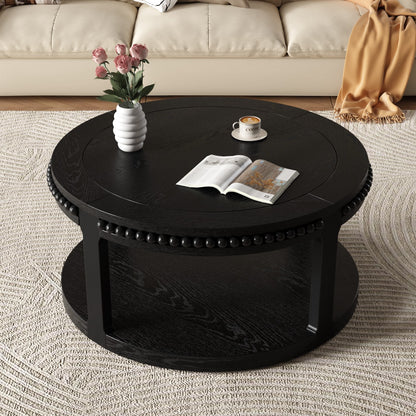 32" Black Wood Floor Shelf Beaded Round Coffee Table