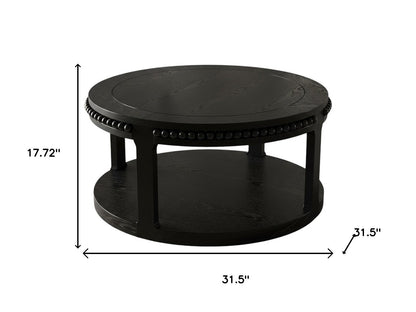 32" Black Wood Floor Shelf Beaded Round Coffee Table