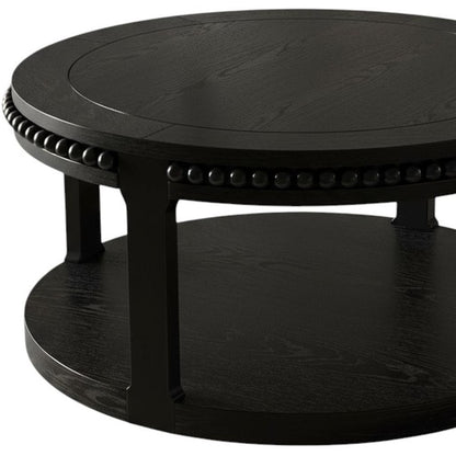 32" Black Wood Floor Shelf Beaded Round Coffee Table
