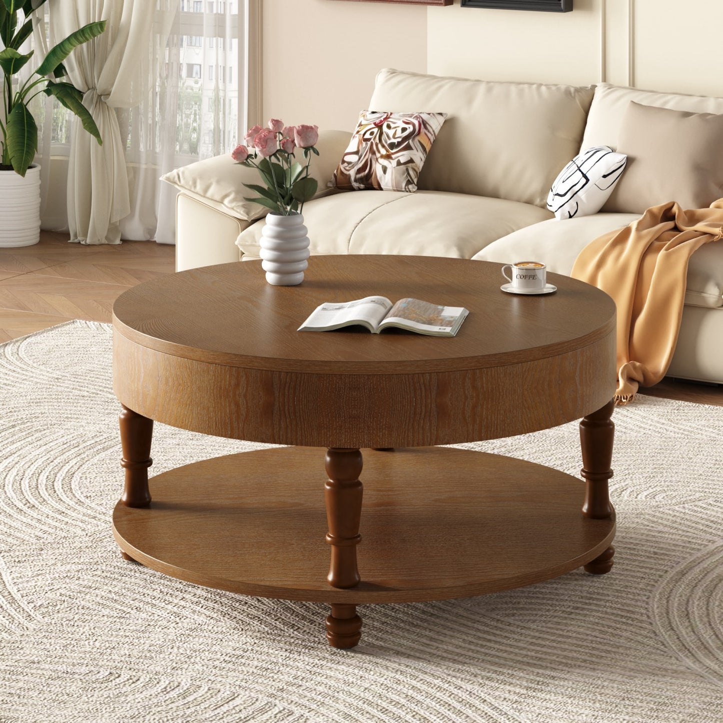32" Natural Wood Round Coffee Table With Hidden Storage And Shelf