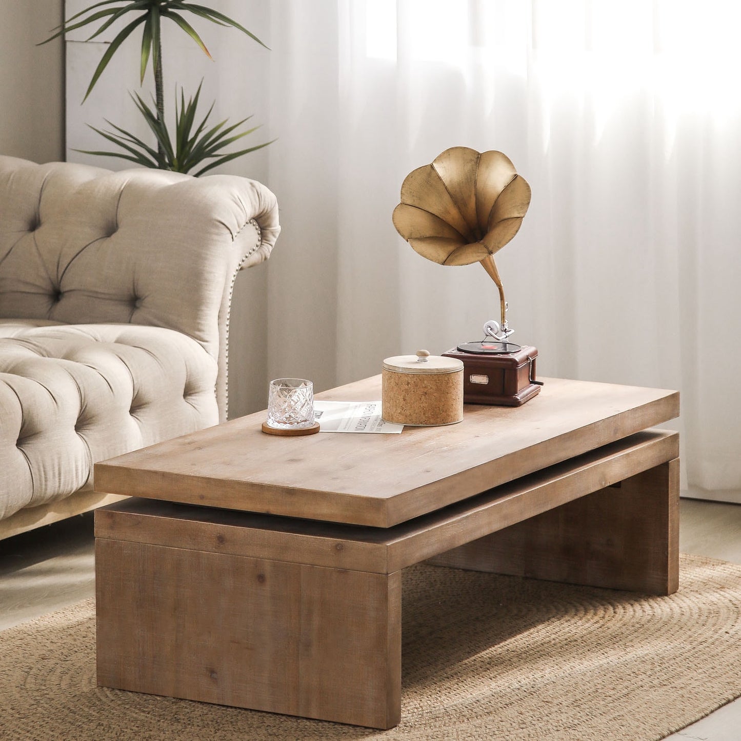 48" Natural Wood Distressed Floating Frame Coffee Table