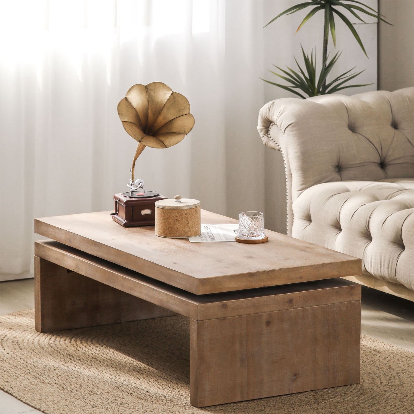 48" Natural Wood Distressed Floating Frame Coffee Table
