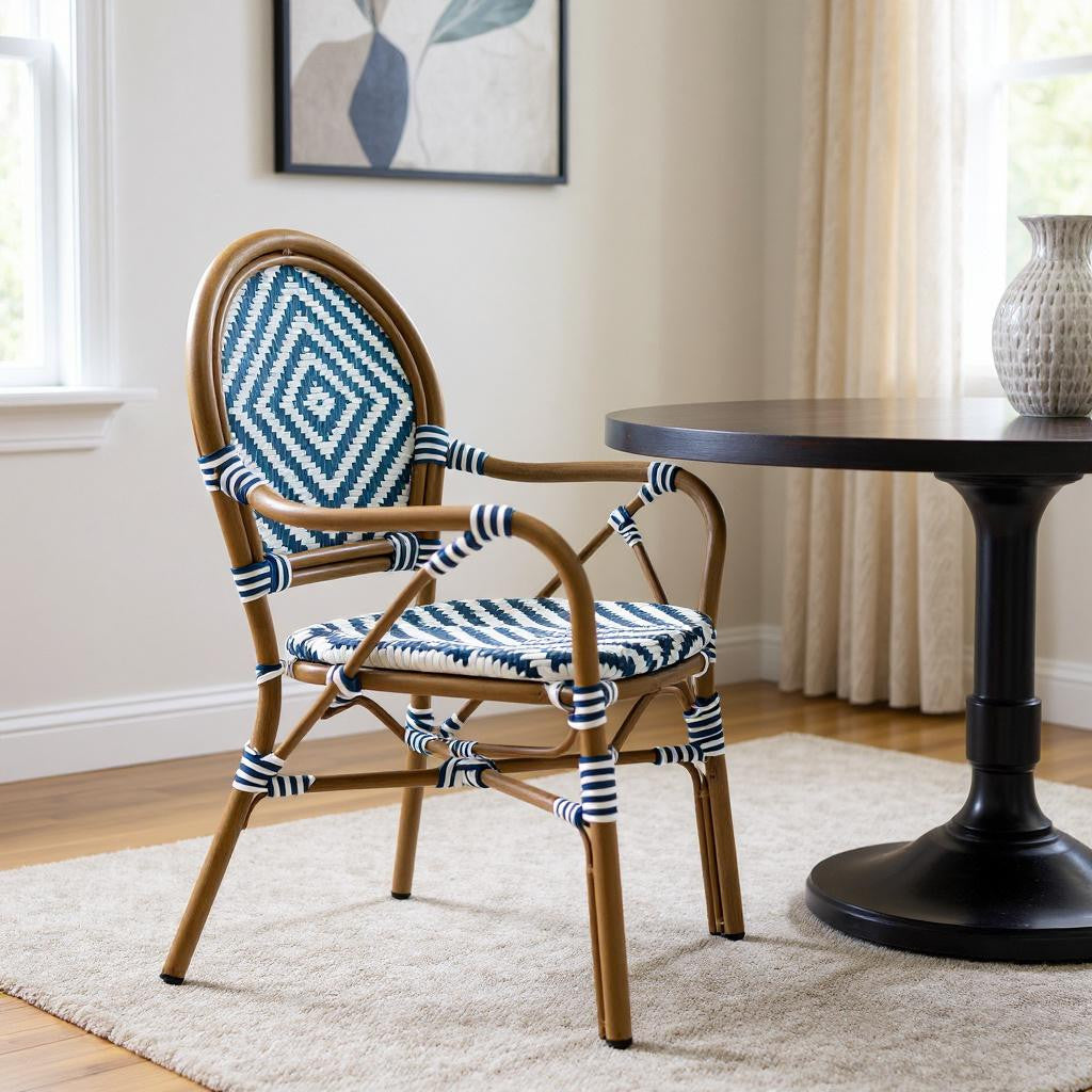 Set of Two Brown Aluminum and Rattan Open Back Dining Arm Chairs