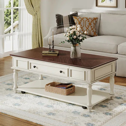 Farmhouse Coffee Table With One Drawer, Easy Assembly, Retro Movable Rectangular Cocktail Table With Lockable Wheels, Country Style Center Table With Solid Wood Legs For Living Room, Walnut+White