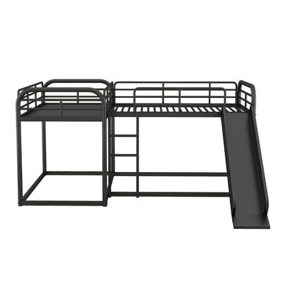Full And Twin Size L-Shaped Bunk Bed With Slide And Short Ladder, Black