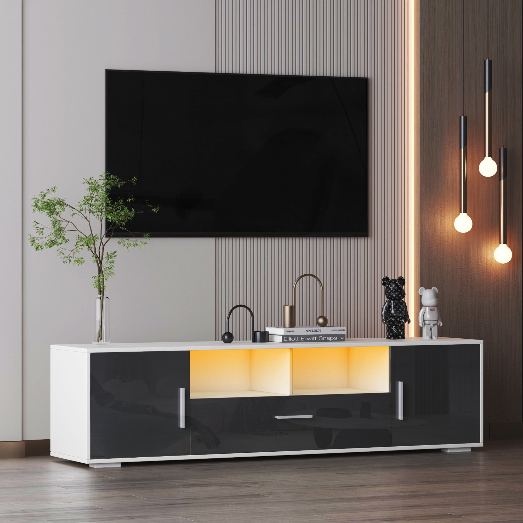 FashionTV Stand,TV Cabinet,entertainment Center TV Station,TV Console,console With LED Light Belt, Light Belt Can Be Remote Control,with Cabinets,open Cells,for The Living Room,bedroom,white Dark Gray