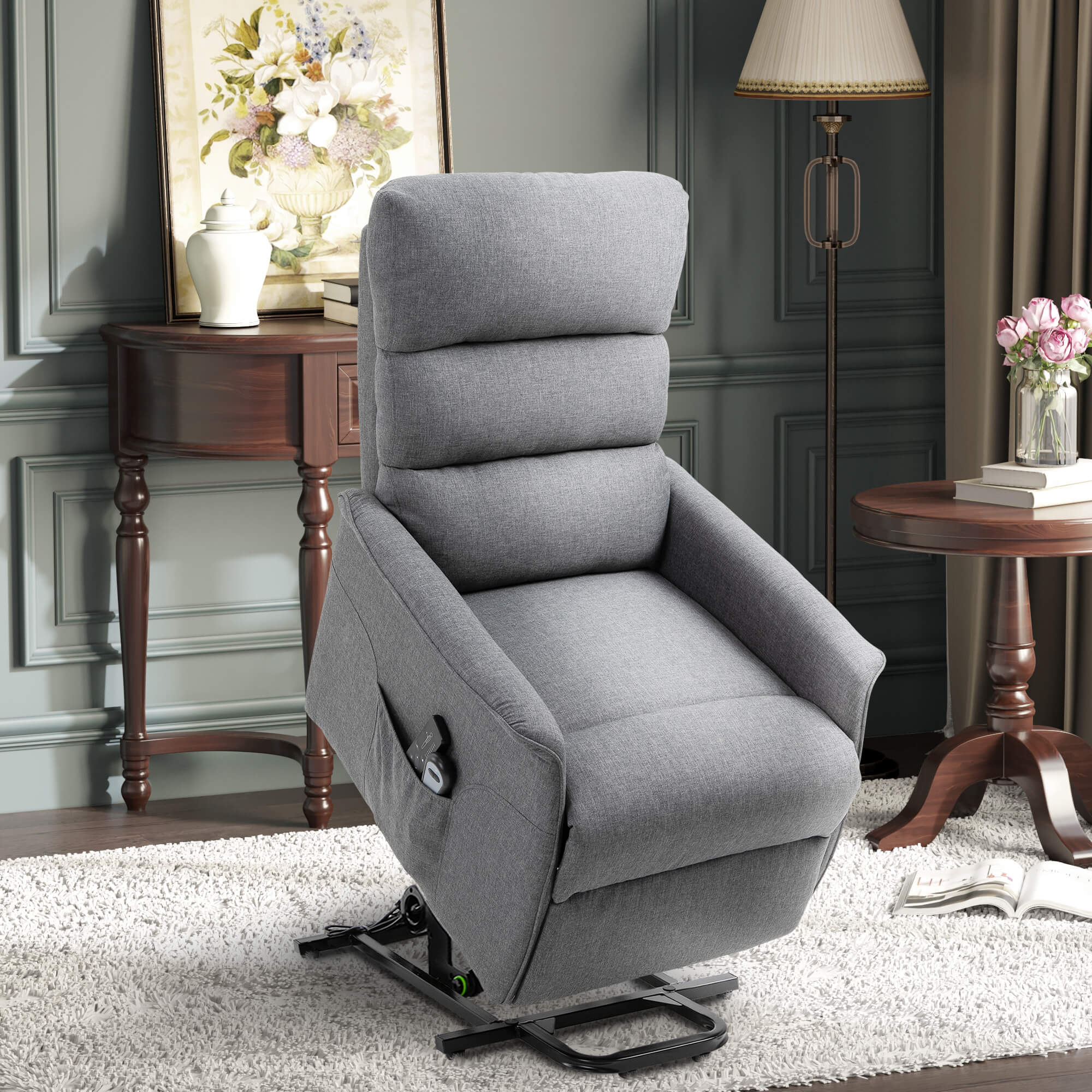 Power Lift Assist Recliner Chair for Elderly with Remote Control, Linen Fabric Upholstery Gray