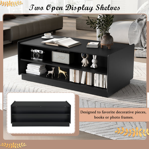 Modern Rectangle Coffee Table With 4 Drawers And 2 Display Shelves, Wood Coffee Table With Fluted Style, Tempered Glass For Living Room