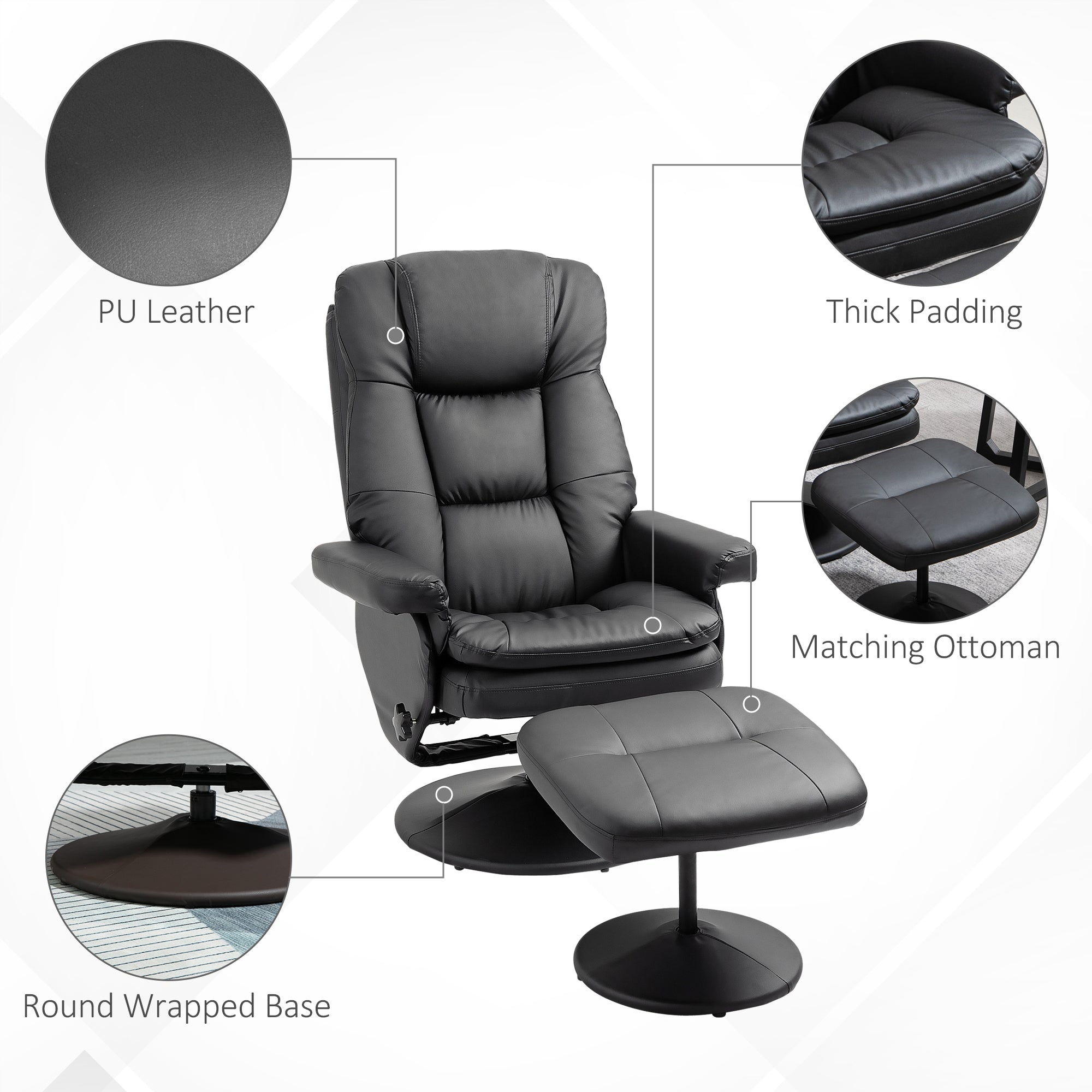 PU Leather Recliner Chair with Ottoman, Swivel Recliner and Ottoman with Round Wrapped Base for Living Room, Black