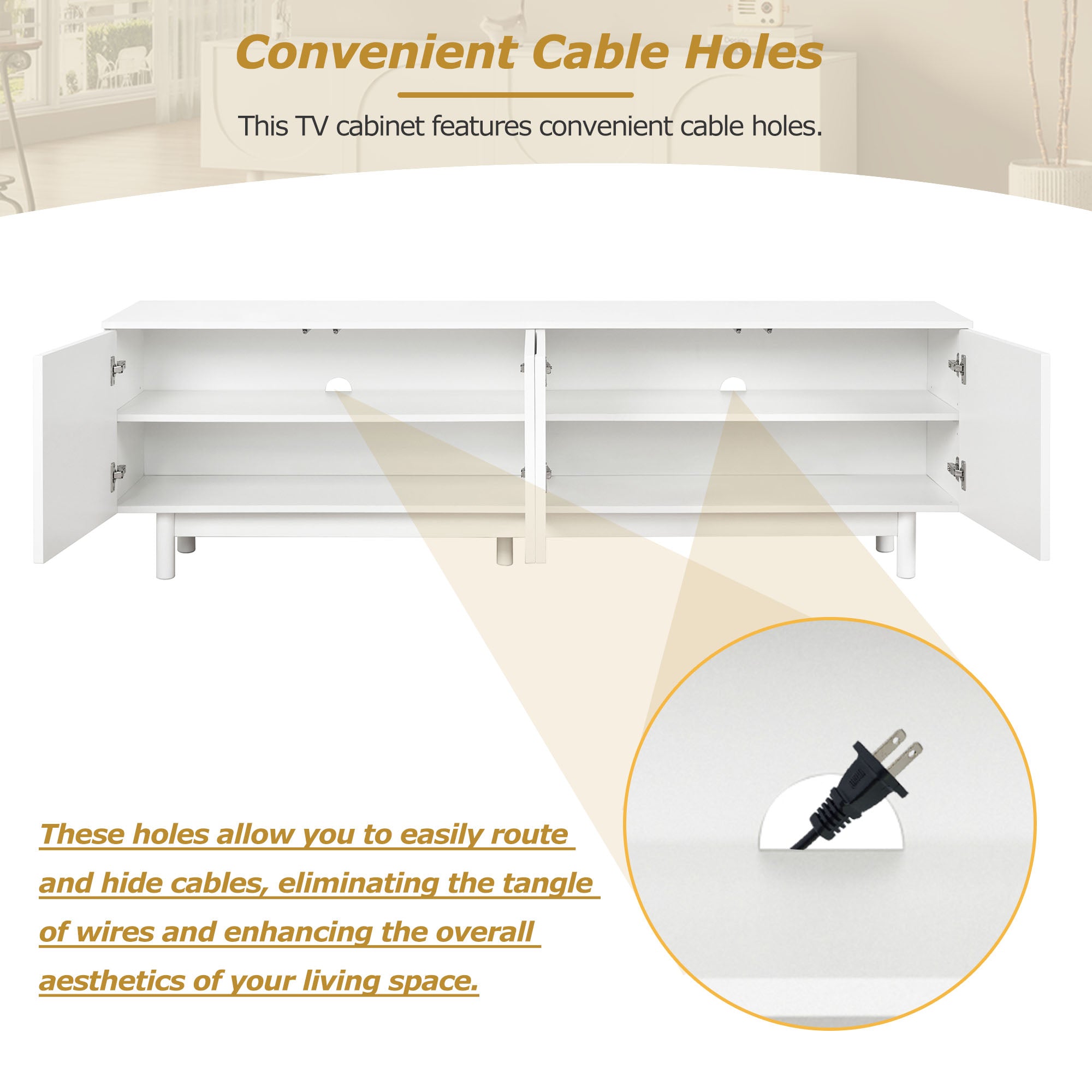ON-TREND Graceful TV Stand With Arch Cabinets For TVs Up To 78'', Minimalist Entertainment Center With Solid Wood Legs, Practical Media Console With Adjustable Shelves For Living Room, White
