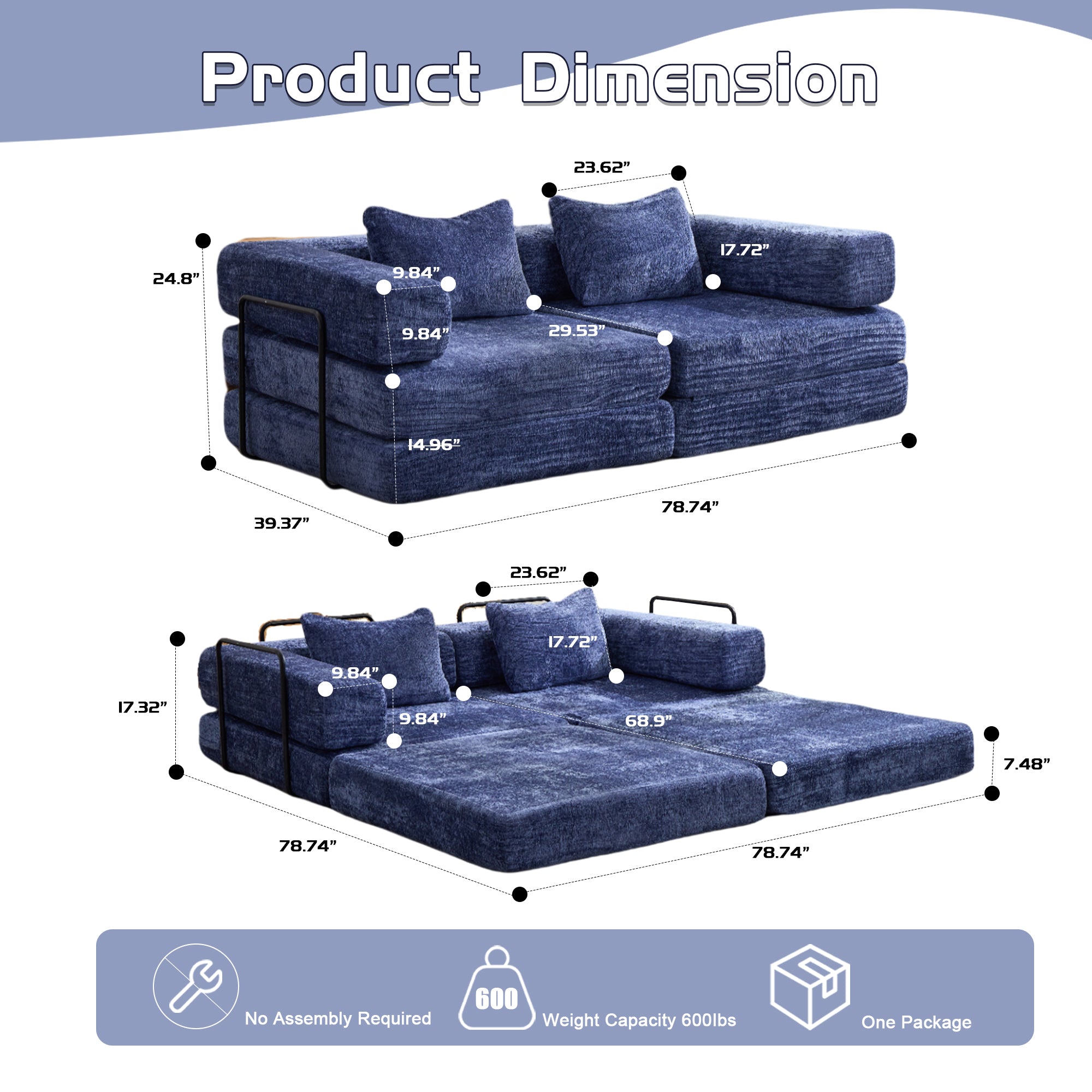 Compression Sofa,Convertible Floor Sofa Bed With Fixed-Shape Frame, Loveseats Boneless Modular Sectional Sofa,No Assembly Required,Chenille Fabric,for Living Room Bedroom,Dark Blue