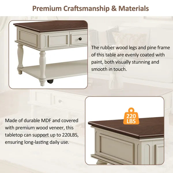 Farmhouse Coffee Table With One Drawer, Easy Assembly, Retro Movable Rectangular Cocktail Table With Lockable Wheels, Country Style Center Table With Solid Wood Legs For Living Room, Walnut+White