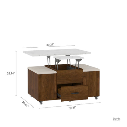 Modern Lift-Up Coffee Table With 4 Stools Set For Living Room Expandable 1 Hidden Storage 2 Drawers Space Saving Folding Dining Table