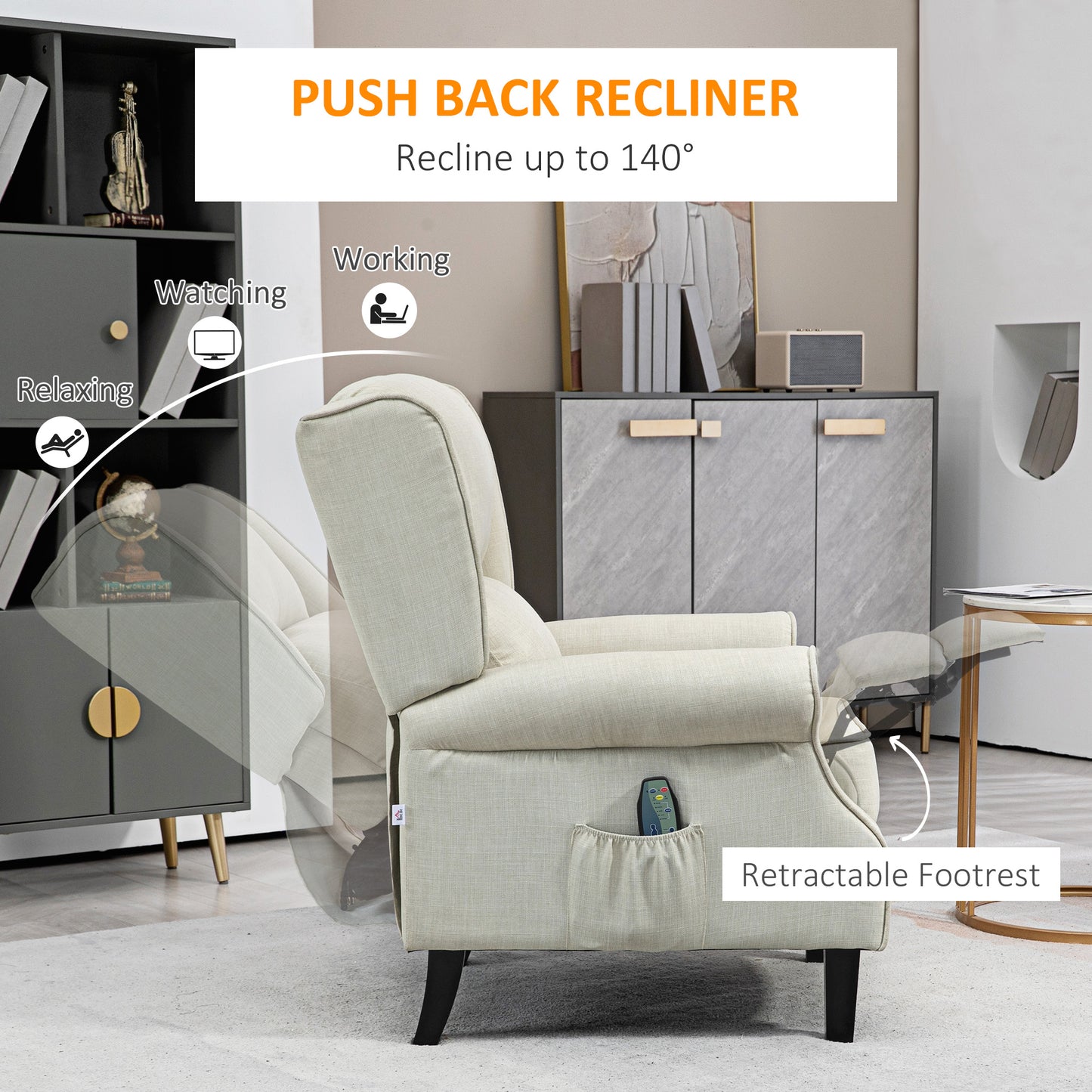 Vibrating Massage Recliner Chair with Heat, Wingback Push Back Reclining Chair for Living Room, Beige