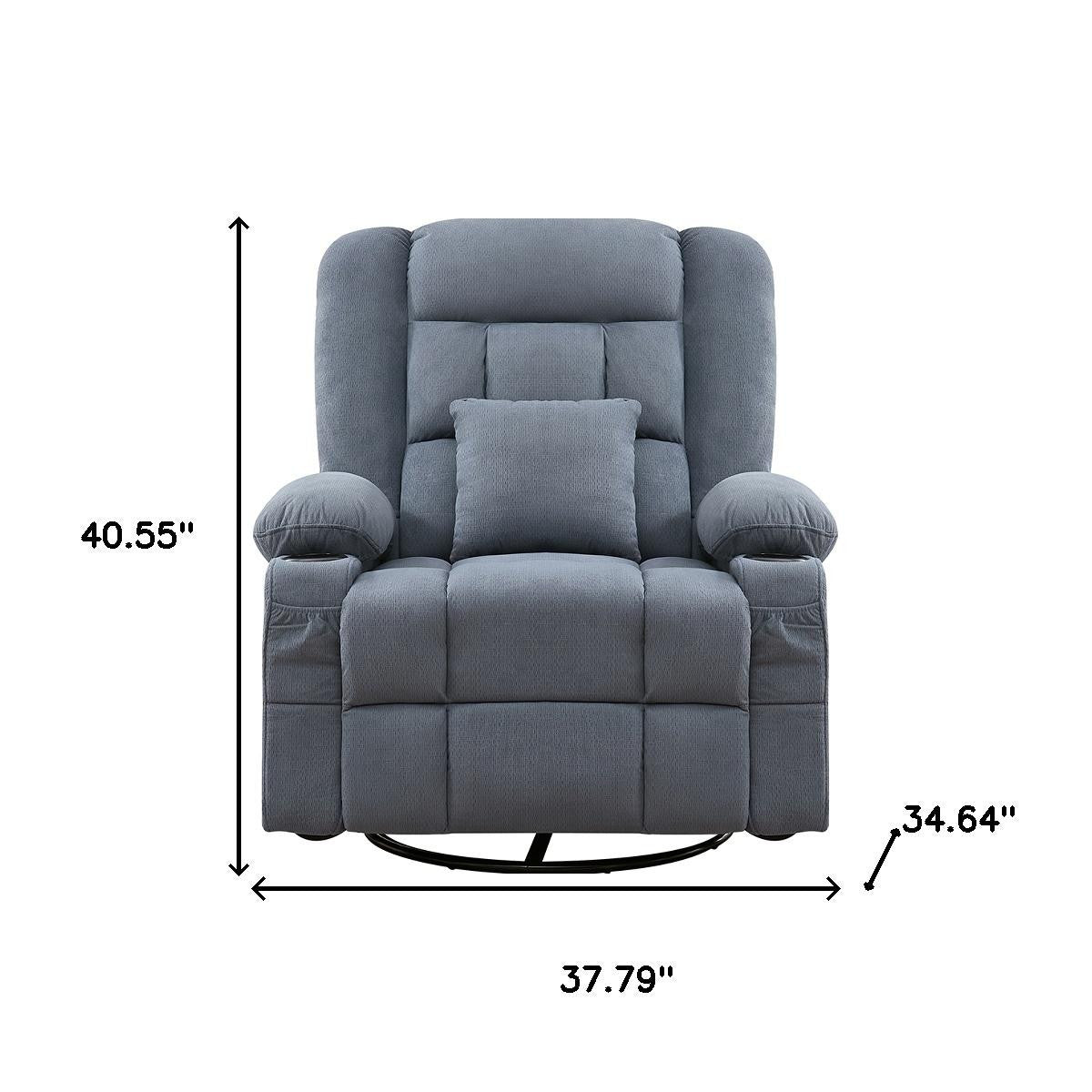 38" Blue Tufted Cotton Blend Heated Massage Manual Swivel Recliner With USB