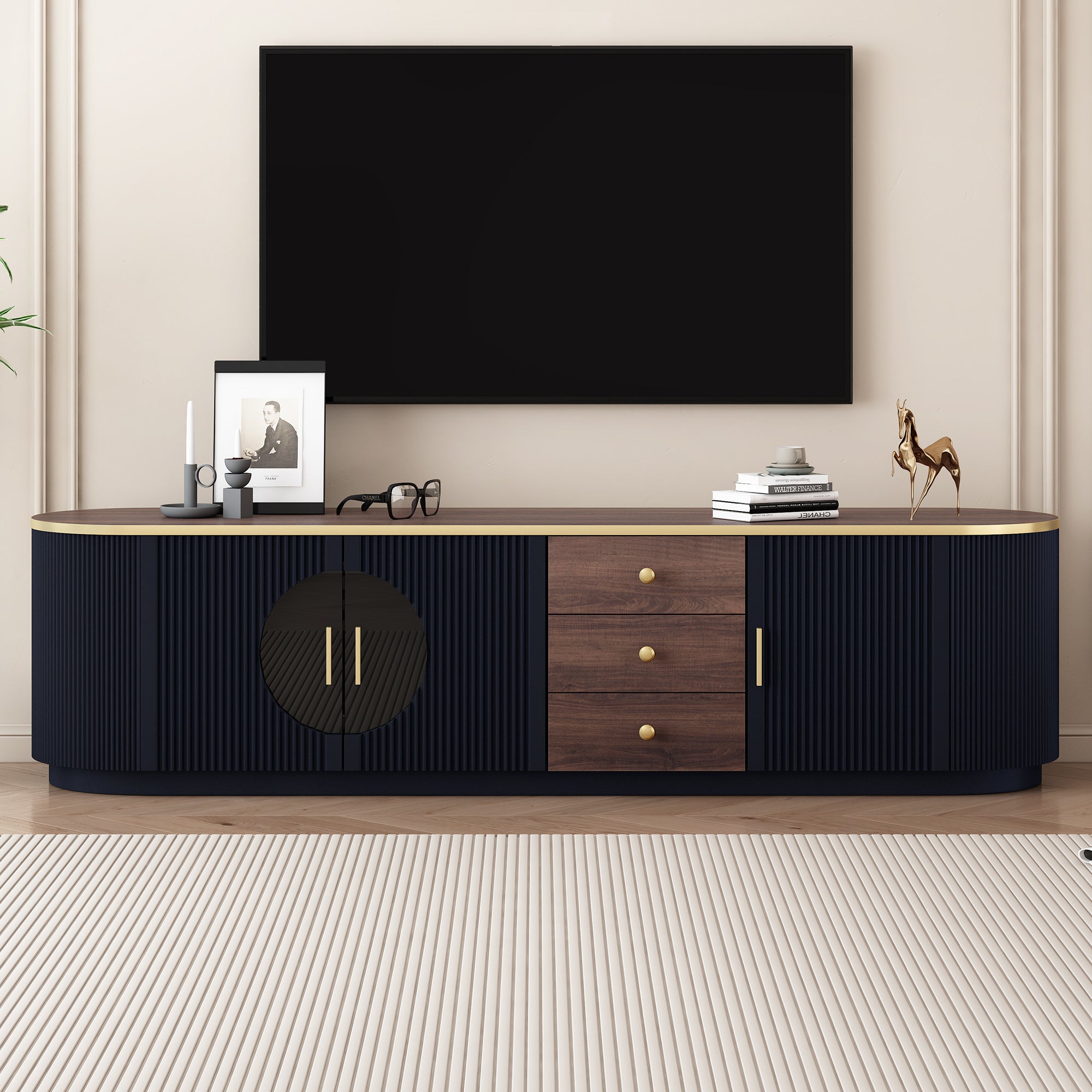 VIBE HAUS 70.8 Modern Minimalist TV Stand For TVs Up To 80 Inches, Entertainment Center With 3 Drawers And 1 Shelf, Metal Handles And 2 Cabinets For Living Room