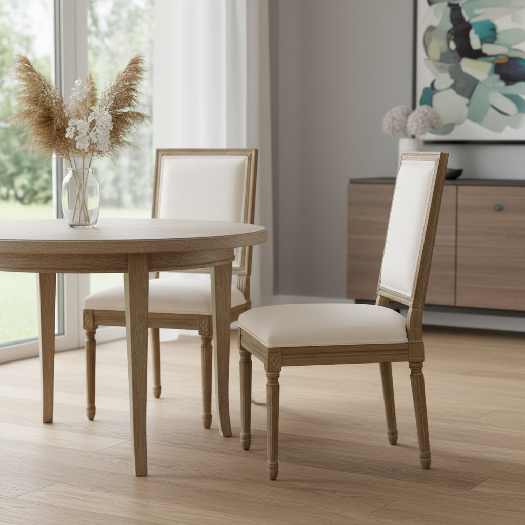Set of Two Beige and Walnut Upholstered Linen And Solid Wood Dining Side Chairs