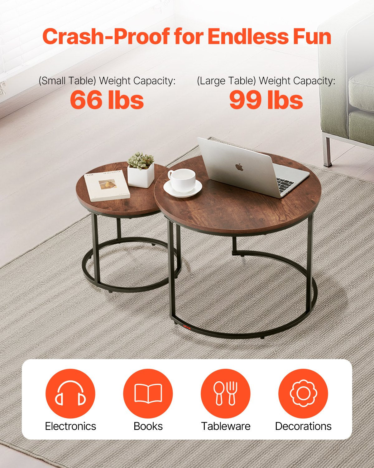 Nesting Coffee Table Set Of 2, 23.6 In Round Coffee Table, Nesting Tables For Small Place, End Side Tables Night Stand With Metal Frame, For Living Room, Bedroom, Office (Vintage Brown & Black)