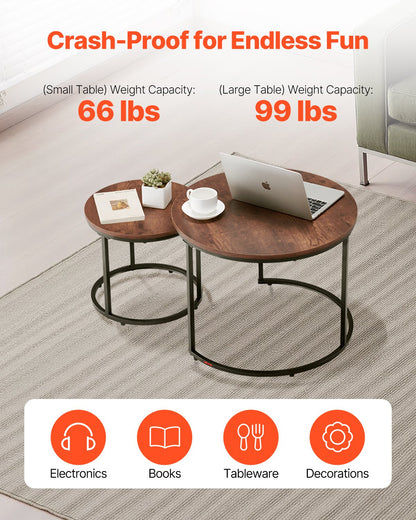 Nesting Coffee Table Set Of 2, 23.6 In Round Coffee Table, Nesting Tables For Small Place, End Side Tables Night Stand With Metal Frame, For Living Room, Bedroom, Office (Vintage Brown & Black)