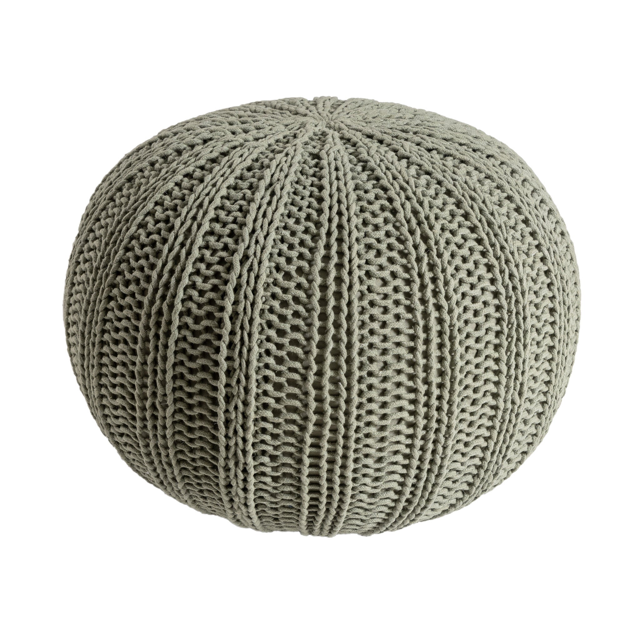 20" Green Cotton Cable Knit Round Pouf Ottoman