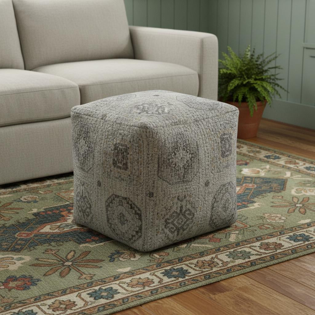 18" Gray Upholstery Medallion Pouf Ottoman
