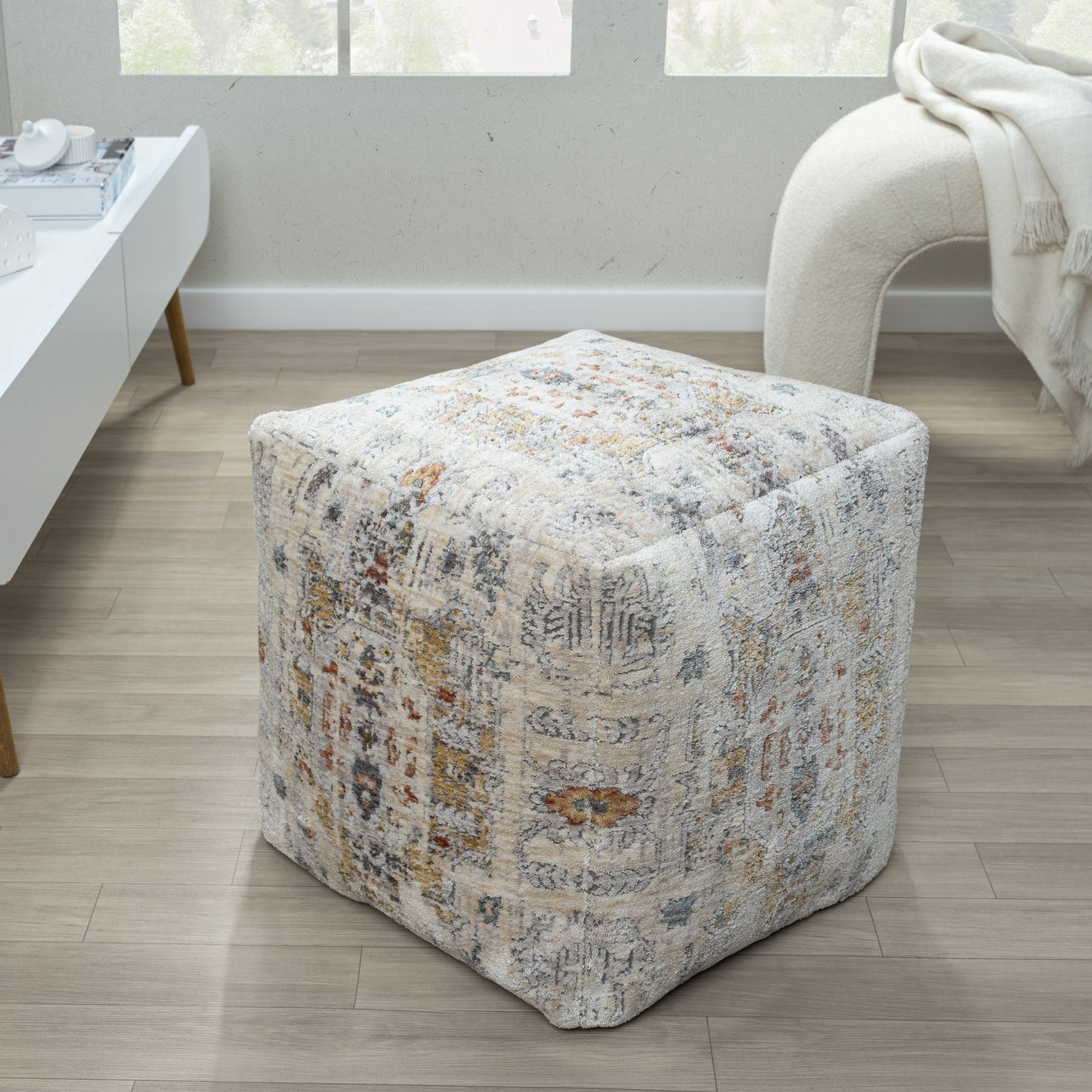 18" Ivory and Light Gray Upholstered Medallion Pouf Ottoman