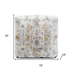 18" Ivory and Light Gray Upholstered Medallion Pouf Ottoman