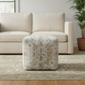 18" Ivory and Light Gray Upholstered Medallion Pouf Ottoman
