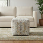 18" Ivory and Light Gray Upholstered Medallion Pouf Ottoman