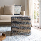 18" Beige and Blue Cotton And Jute Striped Pouf Ottoman