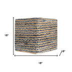 18" Beige and Blue Cotton And Jute Striped Pouf Ottoman
