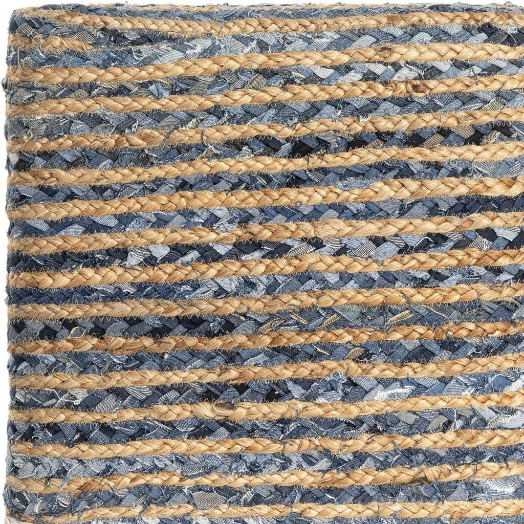 18" Beige and Blue Cotton And Jute Striped Pouf Ottoman