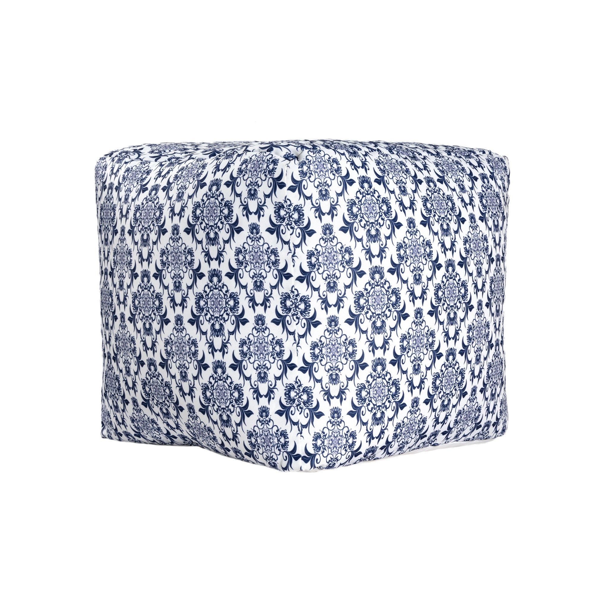 18" Blue and White Upholstered Floral Pouf Ottoman