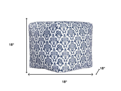 18" Blue and White Upholstered Floral Pouf Ottoman