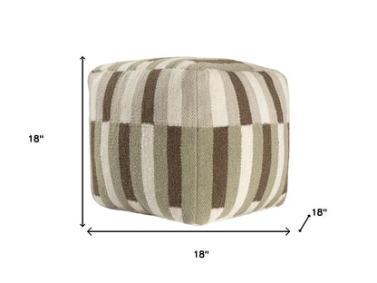 18" Brown Ivory And Khaki Brown Woven Geometric Pouf Ottoman