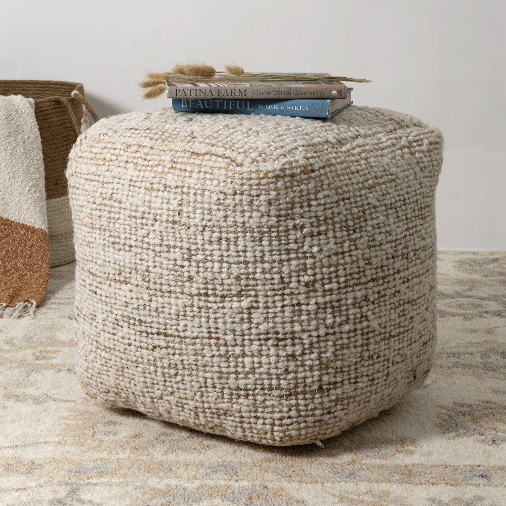 18" Ivory Cotton Wool And Jute Striped Pouf Ottoman