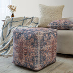 18" Navy Blue and Terra Cotta Upholstered Medallion Pouf Ottoman