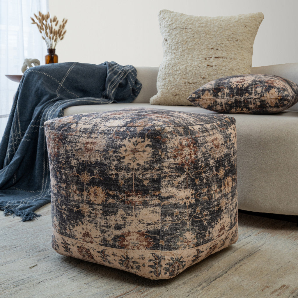 18" Navy Blue and Tan Upholstered Medallion Pouf Ottoman