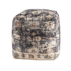 18" Navy Blue and Tan Upholstered Medallion Pouf Ottoman