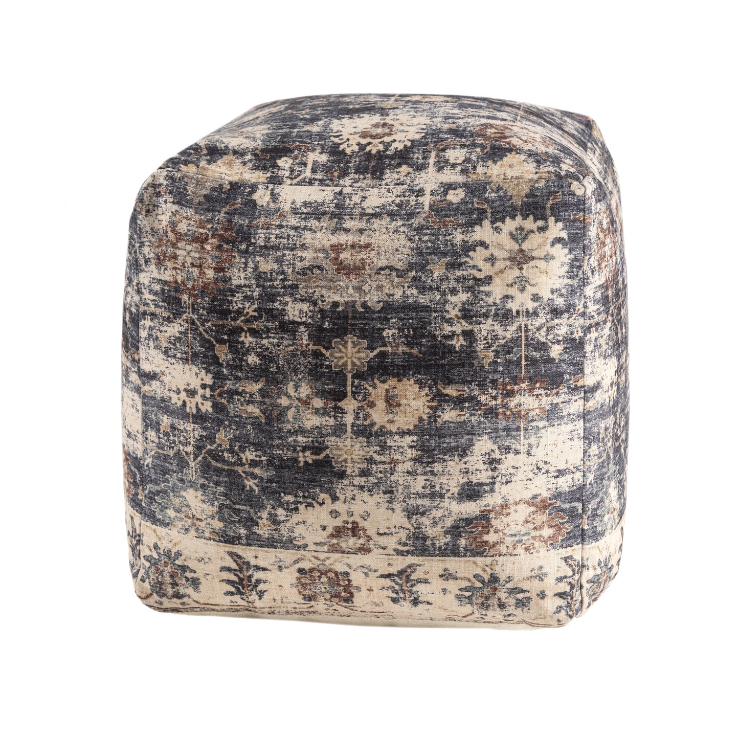 18" Navy Blue and Tan Upholstered Medallion Pouf Ottoman