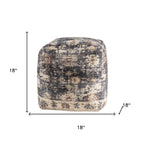 18" Navy Blue and Tan Upholstered Medallion Pouf Ottoman