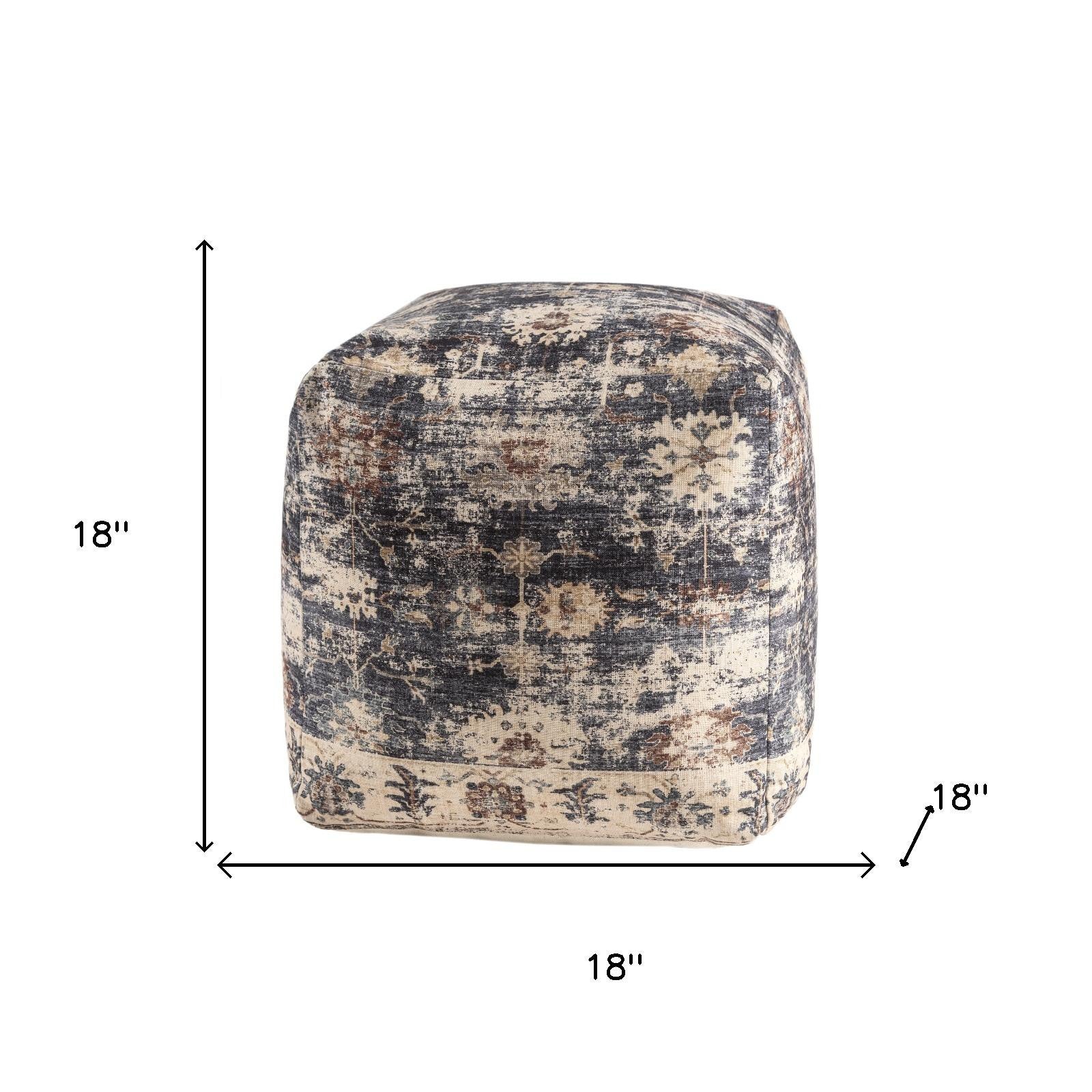 18" Navy Blue and Tan Upholstered Medallion Pouf Ottoman