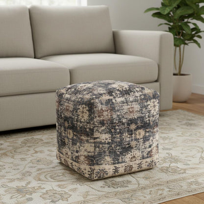 18" Navy Blue and Tan Upholstered Medallion Pouf Ottoman