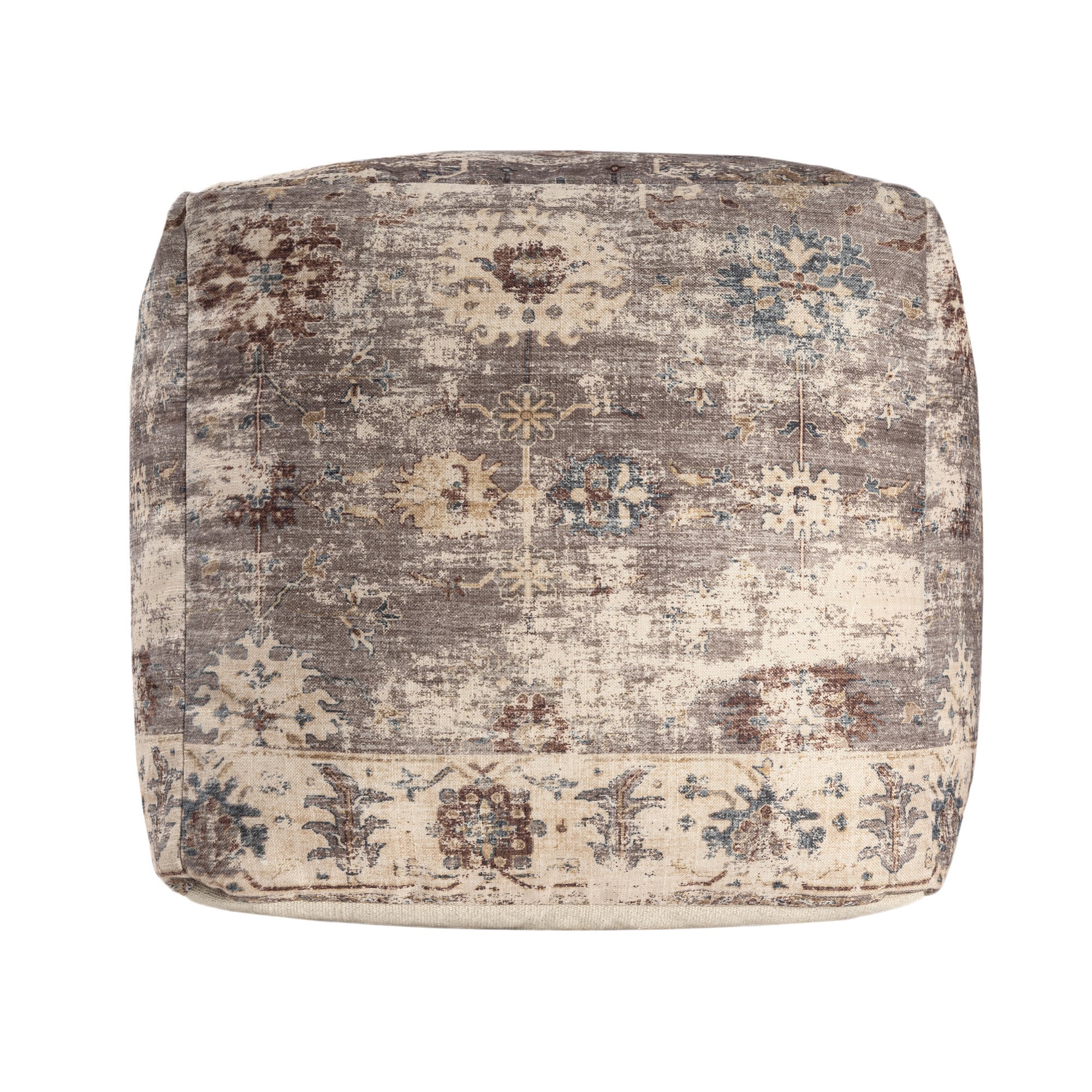 18" Ivory and Taupe Upholstered Medallion Pouf Ottoman