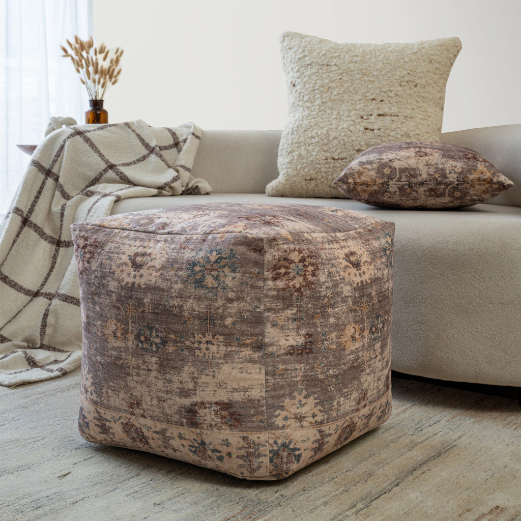 18" Ivory and Taupe Upholstered Medallion Pouf Ottoman