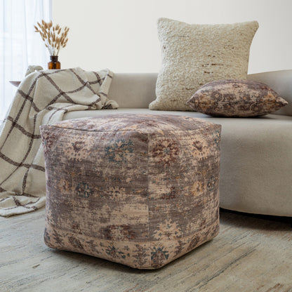 18" Ivory and Taupe Upholstered Medallion Pouf Ottoman